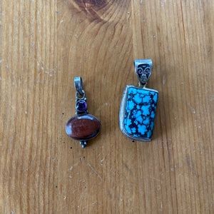 2 sterling silver pendants - turquoise and brown agate/amethyst